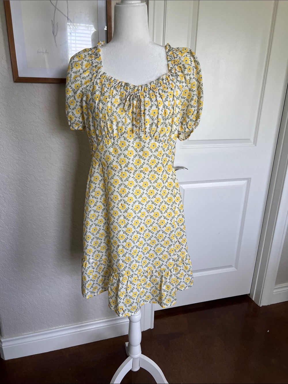 Joy Joy Yellow Floral Puff-Sleeve Mini Dress